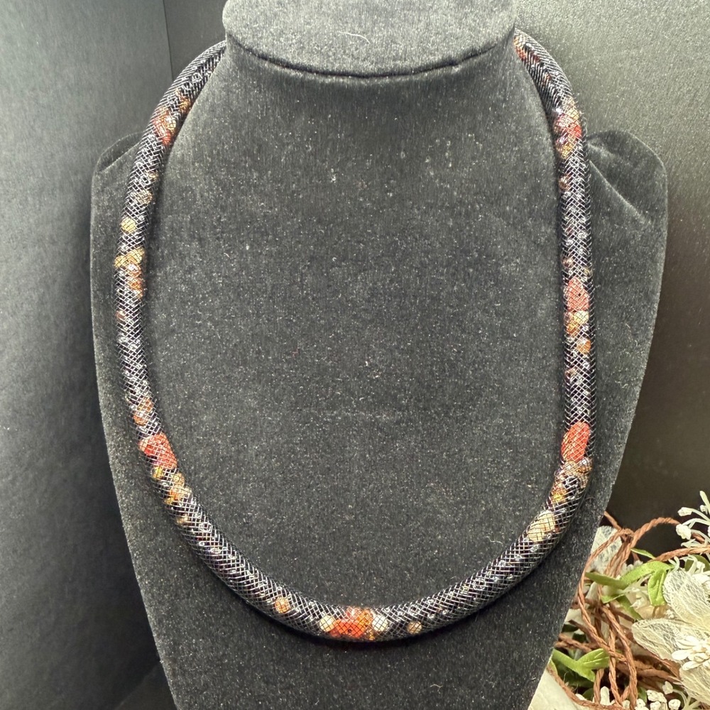 Handcrafted Artisan Black Mesh Statement Copper Red Crystal Collar Necklace Boho